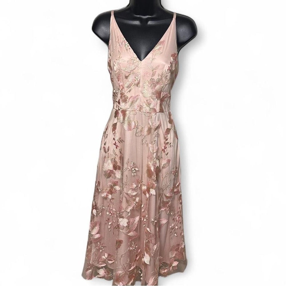 Vince Camuto Midi Dress Womens 4 Pink Excellent Lace Floral Embroidery Fairy
